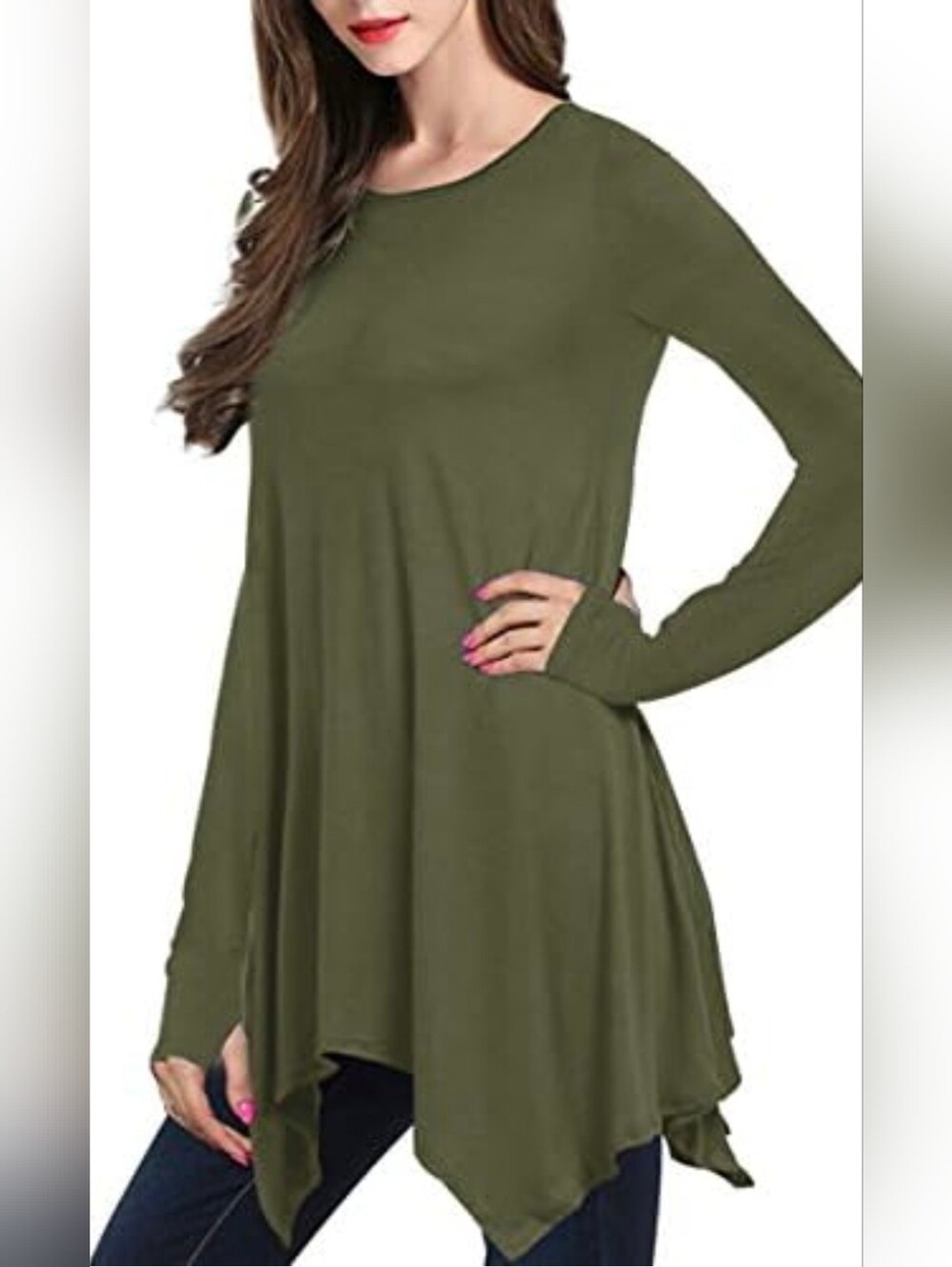 Shop Basic USA Olive Green 3/4 Sleeve Skarf Hem Tunic #0248